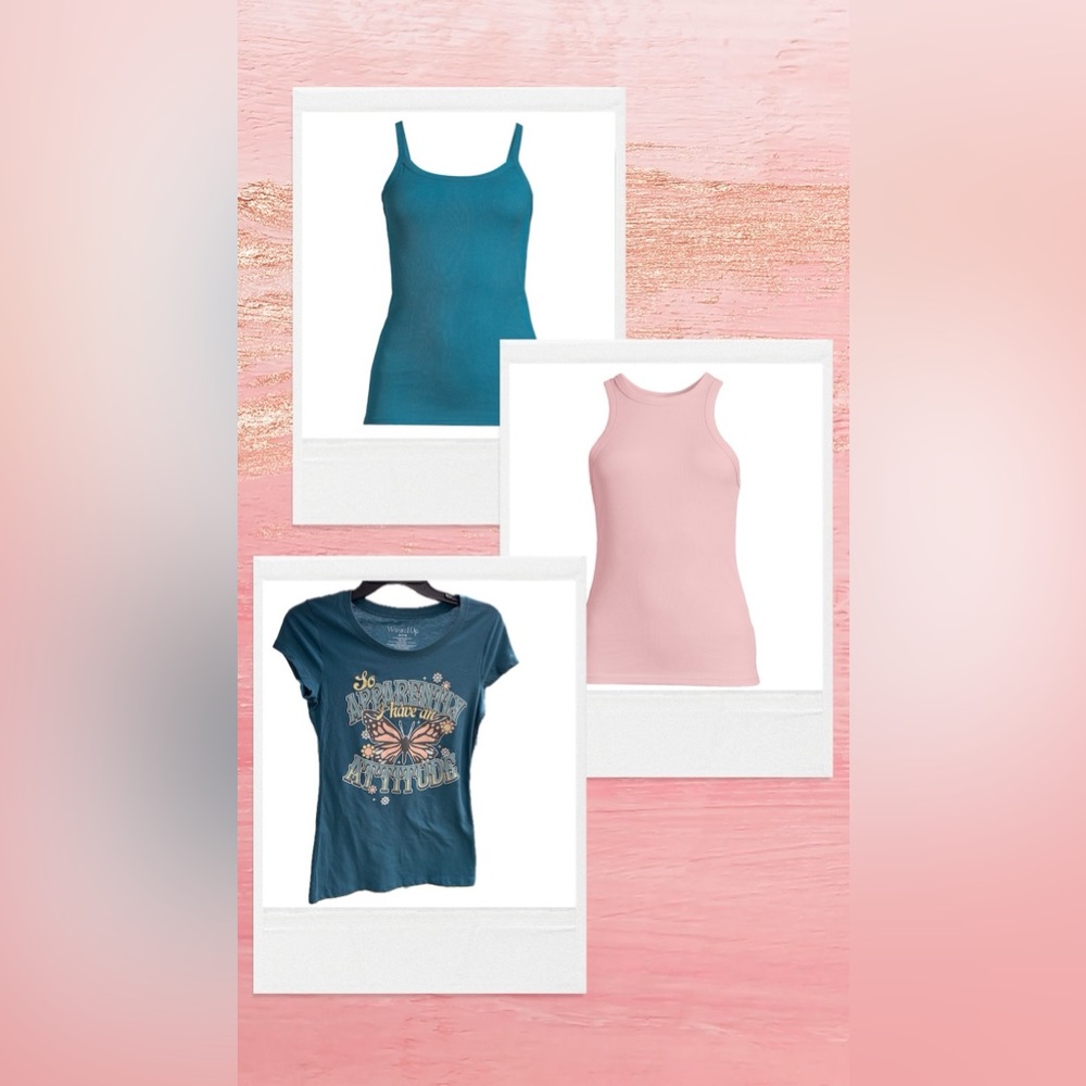 Medium Teal Graphic Butterfly T-Shirt, Dusty Rose Tank Top, Teal Cami 3Pc Bundle